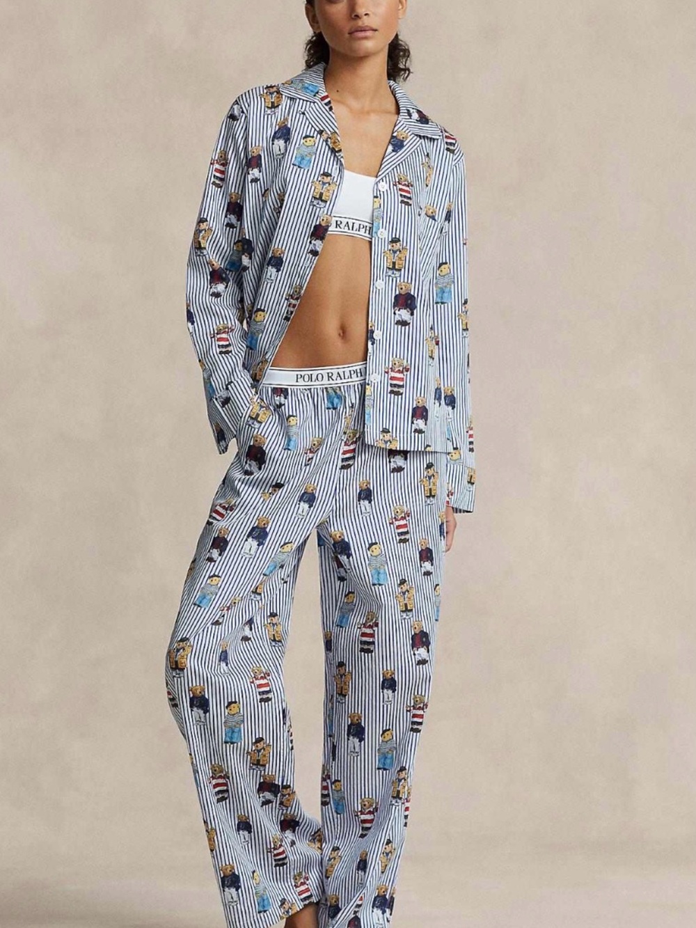 Polo by Ralph Lauren Blue & White Striped Bear-Print Pajama Set